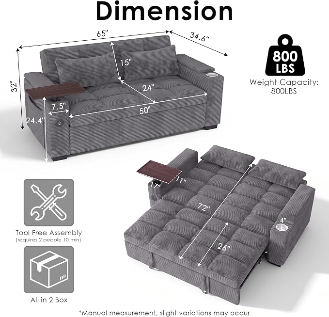 65'' Sleeper Sofa Bed, Pull Out Couch with 360° Swivel Side Table | USB Port | Cup Holder | Adjustable Backrest, Loveseat Corduroy Fabric for Living Room, Apartment, Office (Darkgray)