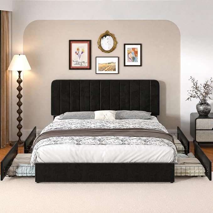 VECELO Full Size Upholstered Bed Frame with 4 Drawers and Headboard, Velvet Platform Storage Bedframe, Wooden Slats Support, No Box Spring Needed,Black