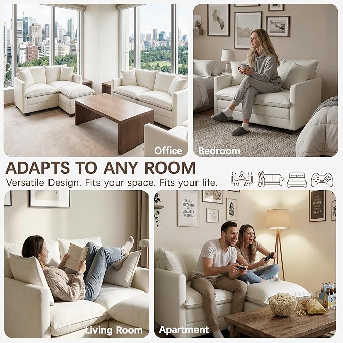 Loveseat Sofa with Ottoman, 52''Modern Cloud Sofa Couch with 27" Deep Seat & 2 Pillows, Comfy Chenille Small Couch for Small Spaces, Apartment, Studio, Bedroom, Living Room (Beige, Loveseat + Ottoman)