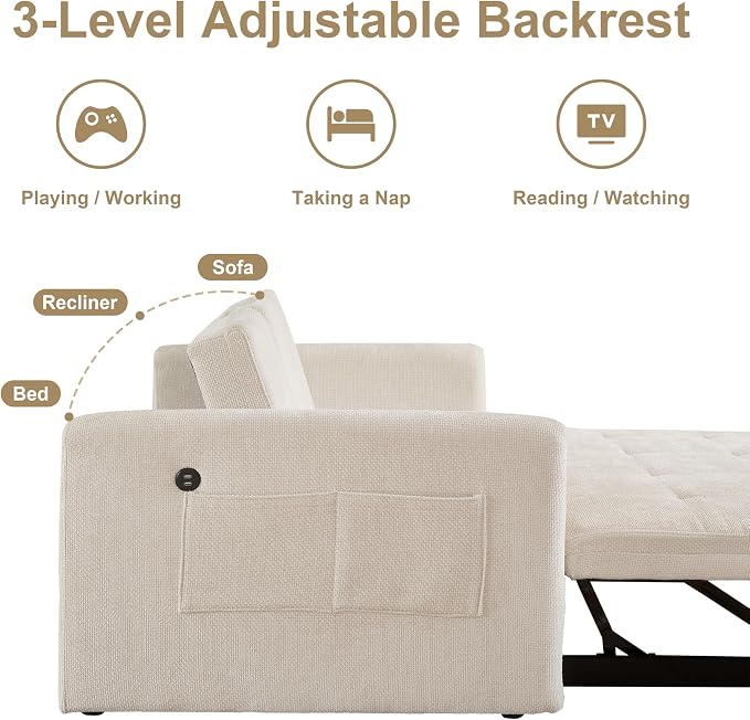 57.48" Convertible Sofa Bed with Cup Holder, Pull Out Sleeper Sofa Bed with USB Charging Ports, 3 in 1 Convertible Sleeper Sofa Bed for Living Room, Apartment, Bedroom, RV, Beige