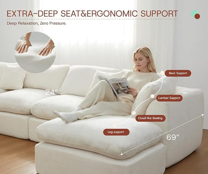 GRUSIGN 141'' Oversized Boneless Cloud Couch for Living Room, Modern Big Sectional Compressed U Shape Couch with 2 Ottoman, Comfy Chenille Deep Seat Memory Foam Spineless 6 Seater Sofa, Beige