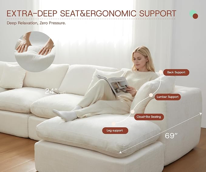 GRUSIGN 110'' Oversized Boneless Cloud Couch for Living Room, Modern Big Sectional Compressed L Shape Couch with Ottoman, Comfy Chenille Deep Seat Memory Foam Spineless 4 Seater Sofa, Beige