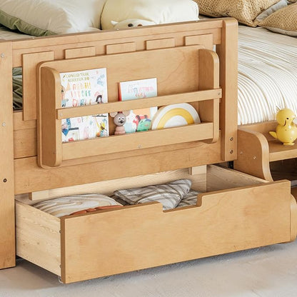 Bellemave Queen Size Kids Bed with high Rails and with Built-in Bookshelf and Drawers for Kids, Girls, Boys, Wood Montessori Bed Without Door, Light Natural