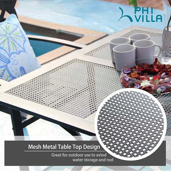 PHI VILLA 5 Pieces Outdoor Dining Set for 4, 37" Black Square Wrought Iron Table with Mesh Top & Stackable Metal Steel Chairs, Outside Furniture Set for Patio, Deck, Backyard, Porch