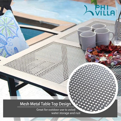 PHI VILLA 5 Pieces Outdoor Dining Set for 4, 37" Black Square Wrought Iron Table with Mesh Top & Stackable Metal Steel Chairs, Outside Furniture Set for Patio, Deck, Backyard, Porch