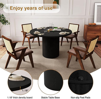 47 Inch Round Dining Table, Farmhouse Fluted Dining Kitchen Table, Modern Wood Small Circle Dining Table for Kitchen Living Room, Black
