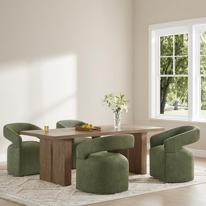 KISLOT Upholstered Dining Chairs Set of 4, Modern Rolling Dining Chairs with Hidden Casters, Arm Kitchen Chairs with Linen Look Fabric, Padded Barrel Chairs for Dining Room, Kitchen, Bedroom, Green