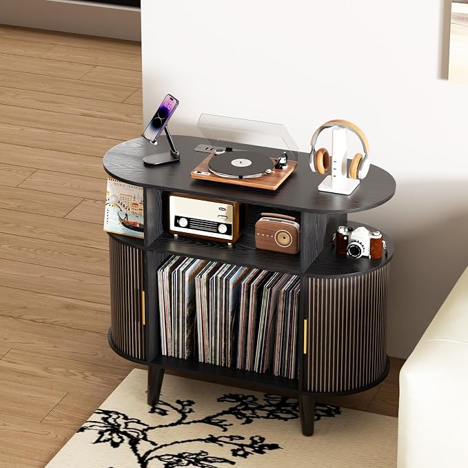 LUVIOHOME Large Round Record Player Stand with Charging Station & USB Ports，Record Storage Cabinet, Mid Century Modern Turntable Stand for Bedroom Living Room (Small Black)