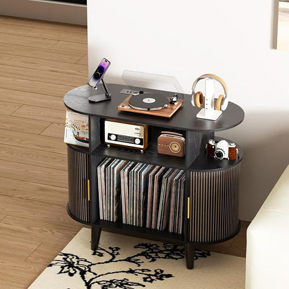 LUVIOHOME Large Round Record Player Stand with Charging Station & USB Ports，Record Storage Cabinet, Mid Century Modern Turntable Stand for Bedroom Living Room (Small Black)