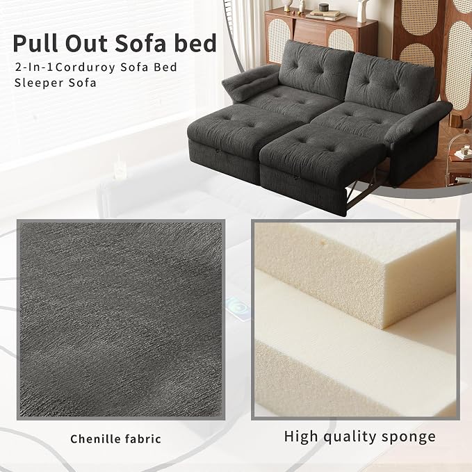 81.5" Pull Out Sofa Bed Full Size, Pre-Assembled Chenille Sleeper Sofa, Convertible Loveseat Futon Couch with Tufted, Pillows, for Apartment, Living Room, Small Spaces, dorms, Grey