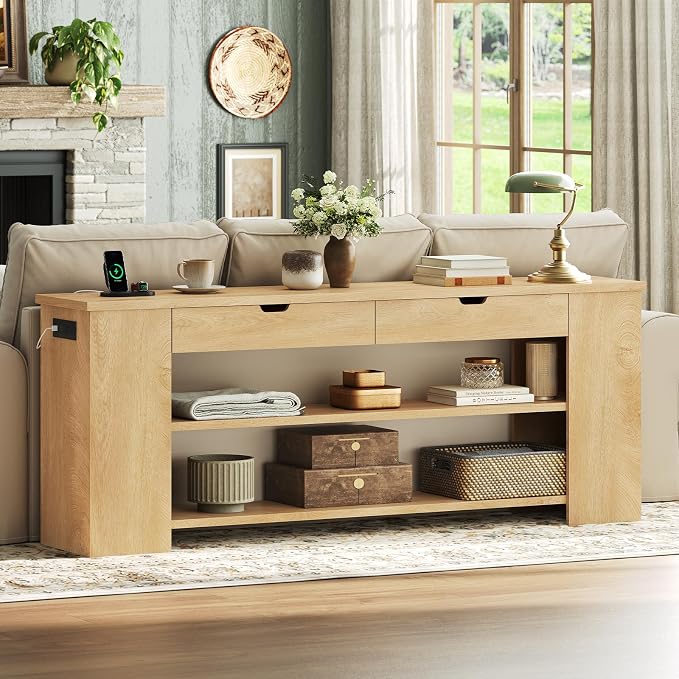 71.8 Inch Extra Long Console Table with Drawers, Farmhouse Long Console Table with Shelves & Built-in Outlets, Entryway Table with Storage for Living Room, Entryway, Natural