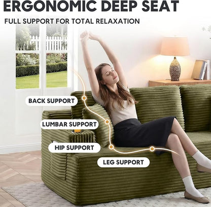 66.5'' Boneless Sofa Couch with Cup Holders & Side Pockets, Modern Corduroy Fabric Upholstered Loveseat Couch with 2 Throw Pillows for Living Room Office, No Assembly (Green)