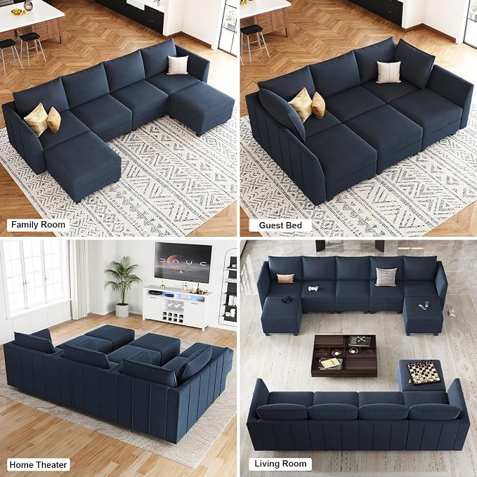 Belffin Modular Sectional Sofa U Shaped Couch with Storage Velvet Sectional Couch for Living Room Blue