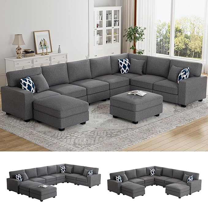 Legend Vansen Oversized Modular Sectional Sofa,U/L‑Shaped Reversible Couch with Ottoman,Deep Seat Plush Polyester Sofa for Living Room,9‑Seater,Dark Grey