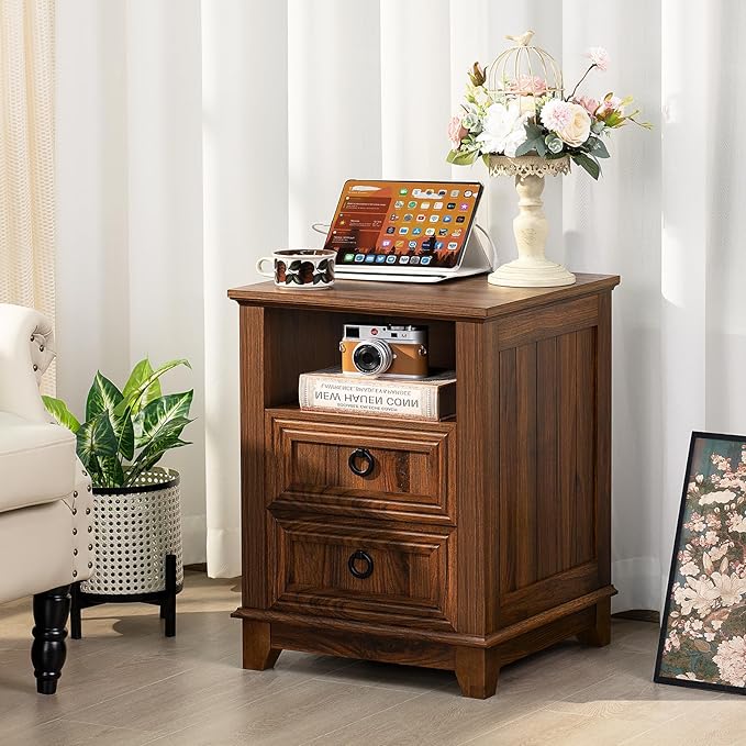 Joaxswe 18" Farmhouse Night Stands Set of 2 with Charging Station, 2 Drawers End Table Dresser for Bedroom, Brown Wooden Nightstand, Bed Side Table with Open Shelf, Bedside Cabinet for Living Room