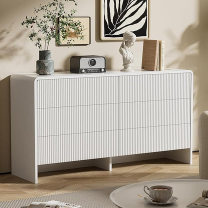 Furniway Bedroom Dresser Set 3 Piece, 6 Drawer Curved Dresser with 2 Nightstands, Modern Fluted Wood Storage Cabinet, White Chest of Drawers with Pop-Up Design, White