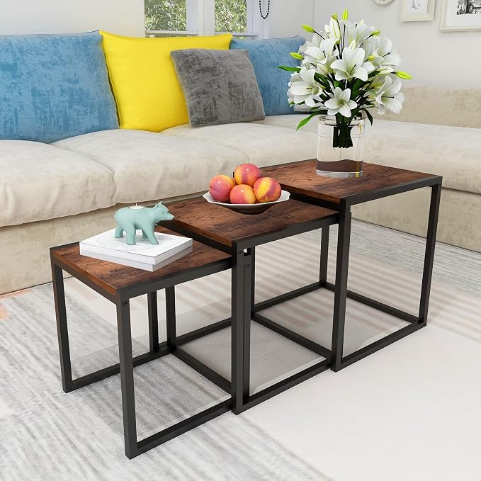 Nesting Table Set of 3 Side Tables, Modern Coffee Table Stacking End Table with Metal Frame，Brown