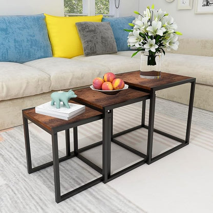 Nesting Table Set of 3 Side Tables, Modern Coffee Table Stacking End Table with Metal Frame，Brown