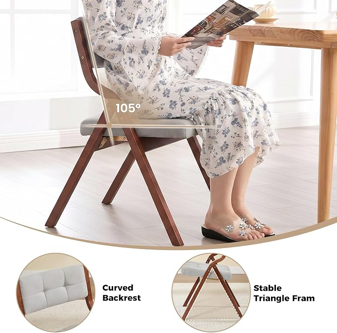 Folding Chairs with Cushion Set of 4,Padded Foldable Dining Chairs,Portable Wooden Folding Dining Chairs for Dining Room Kitchen Wedding Party Indoor Linen Walnut Lightgrey