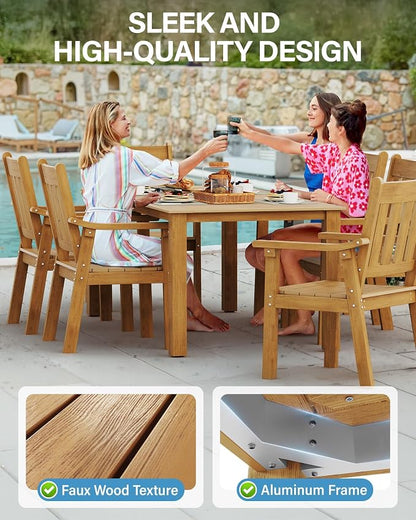 YEFU Outdoor Dining Table for 6: All Weather Rectangular Patio Table with Umbrella Hole and Aluminum Frame - Outdoor Furniture for Outside Backyard/Garden/Pool/Porch/Deck, 300lbs Capacity, Teak