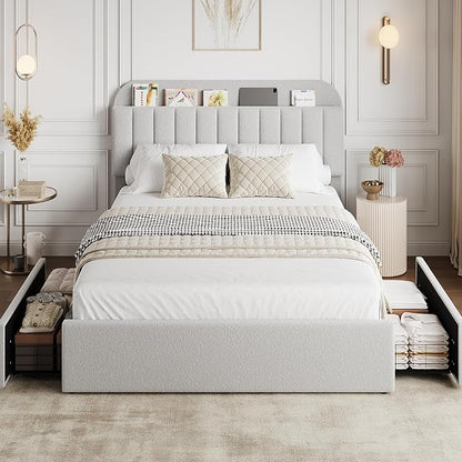 GarveeHome Queen Bed Frame with Storage Headboard, Girls Bed Frame with 2 Drawers, Boucle Upholstered Platform Bed with Bookcase, No Box Spring Needed, Easy Assembly, Grey