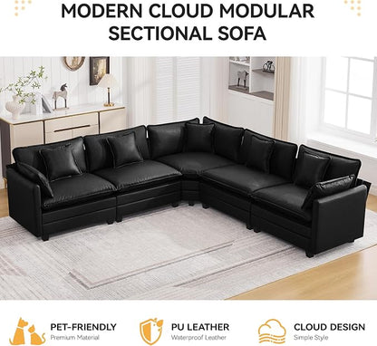 137'' V Shaped Cloud Sectional Sofa, Oversized Deep Seat Leather Couches for Living Room, Comfy Upholstered Modular Sectional Sofa Couch, Leather Black