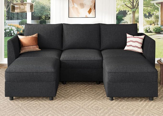 HONBAY Modular Sectional Sofa with Storage U Shaped Sectional Sofa, Convertible Couches for Living Room - Linen Grey