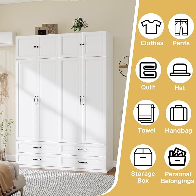 Armoire Wardrobe Closet with Doors: 89" Extra Tall White Wardrobe with Storage on Top, Bedroom Armoires with 4 Doors and 4 Drawers, Large Wood Closet Armoire for Hanging Clothes