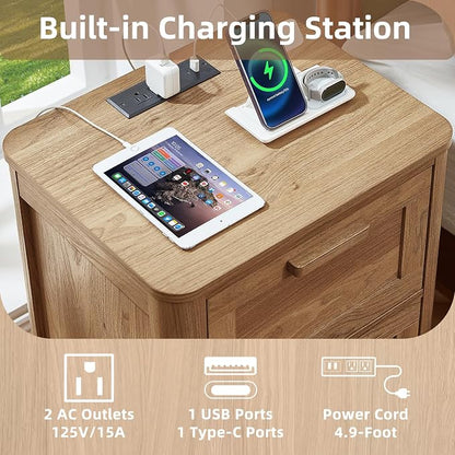 Joaxswe Farmhouse Nightstand Set of 2 with Charging Station, End Tables Bedroom with 2 Large Drawers & 4 Thickened Table Legs, Brown