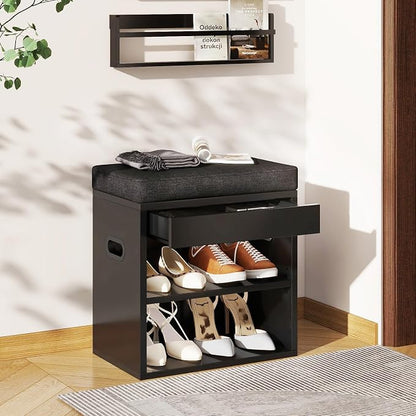 YMYNY Small Shoe Storage Bench with Cushion and Drawer, 2 Tier Adjustable Entryway Bench with Storage, Wooden Shoe Rack Bench for Entryway, Living Room, Hallway, Closet, Bedroom, Black, HSC002B