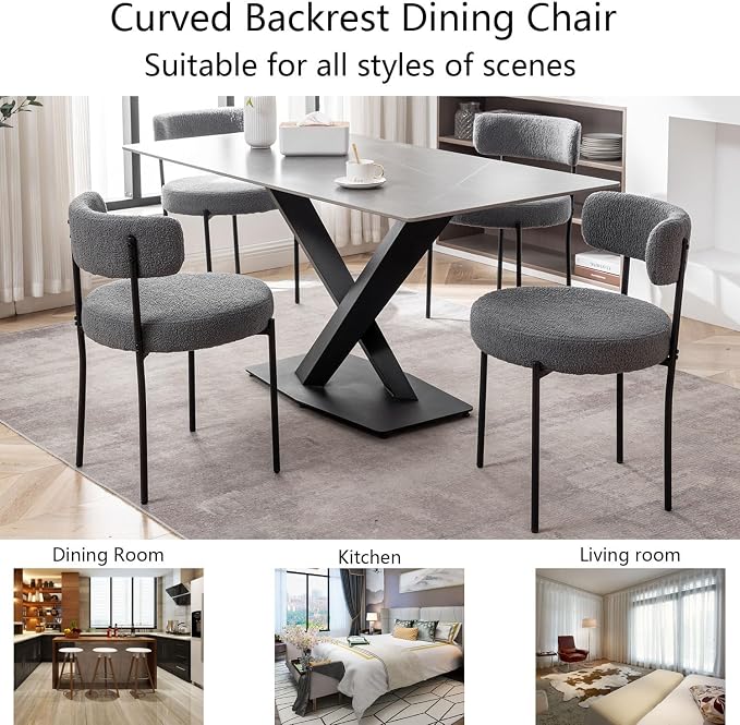 Cinxzar Grey Boucle Dining Chairs Set of 2, Upholstered Dining Room Chairs with Black Metal Legs, Round Modern Dining Chair for Dining Room, Kitchen