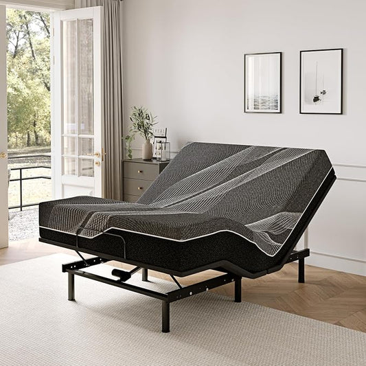 Dyonery Queen Adjustable Bed Base Frame with Wireless Remote + 14 Inch Queen Gel Memory Foam Mattress Bed in a Box, Head and Foot Incline, Zero Gravity, Fiberglass Free, 80" × 60"