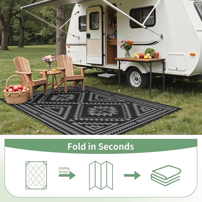 GENIMO Outdoor Rug for Patio Clearance - 8x10 ft Waterproof Plastic Camping Rugs, Reversible Outside Rv Mat Carpet for Porch, Deck, Picnic, Balcony, Beach, Backyard, Black Grey
