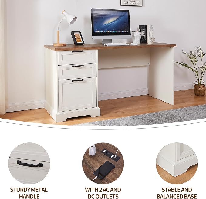 60"L-Shaped Executive Desk with 40"Adjustable File Cabinet,Farmhouse Home Office Desk with Charging Station,Office Desk with Storage Drawers,Wood Computer Desk Set for Office Work,Home Study