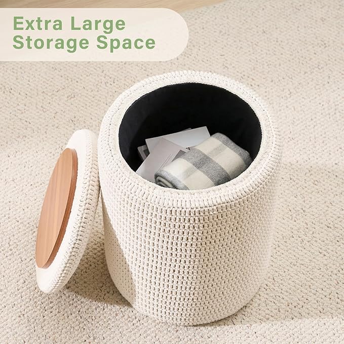 Wimarsbon Pouf Ottoman, 100% Cotton Knitted Boho Footstool, Round Footrest with Non-Skid Wood Legs, Home Décor Handmade Pouffe, Leisure Floor Step Stool for Living Room (14inch White Storage Ottoman)