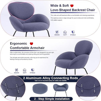 Accent Chair, Accent Chair for Bedroom, Boucle Chair (Blue) | Comfy Bedroom Chair with Love Back and Sturdy And Durable Solid-Wood Frame/ Study Room / Bedroom / Living Room /(Cream Style)