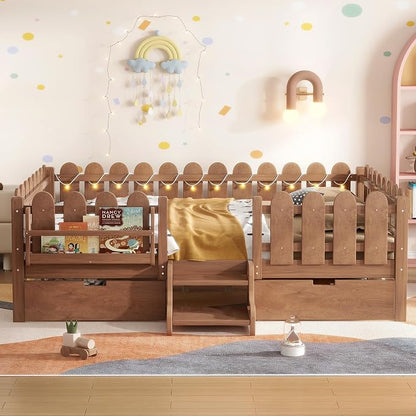 Bellemave Queen Size Montessori Bed with Stairs, Lights, Rails and Slats, Queen Size Montessori Floor Bed with Bookshelf and 2 Storage Drawers, Easy Assemble Beds Frame for Girls, Boys, Natural