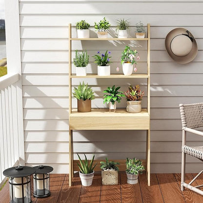 Tangkula Ladder Desk with Countertop & Drawer, Home Office Computer Laptop Table with Open Shelves & Anti-Tip Kits, Wall-Leaning Compact Working Station for Small Spaces (Natural)