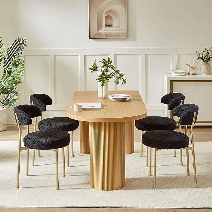 SoarFlash Dining Chairs, Black Boucle Dining Chairs Set of 4, Kitchen Dining Room Chairs Curved Backrest Upholstered Mid Century Modern Chairs with Golden Metal Legs
