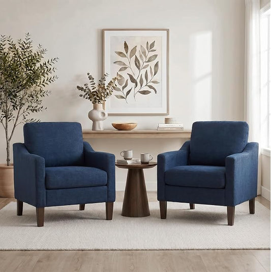 VKNOW Mid-Century Accent Chairs Set of 2, No Tools Assembly Required, Modern Upholstered Polyester Armchairs for Living Room & Bedroom, Comfortable Reading Chairs with Wood Legs, Navy Blue