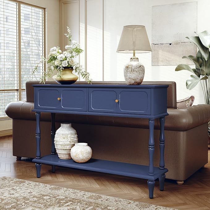 ARTPOWER Console Table with Drawers for Entryway, Mid-Century Entryway Table with Storage, Blue Narrow Entryway Table with Open Shelf Behind Sofa for Living Room, Foyer, Hallway