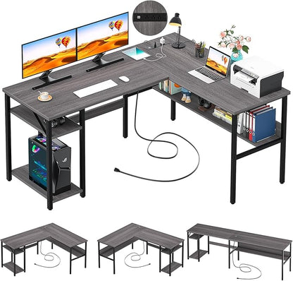 Unikito Reversible L Shaped Desk with Magic Power Outlets and USB Charging Ports, Sturdy Corner Computer Desk with Storage Shelves, Gaming Table Home Office Desk, Easy to Assemble, Enoch Walnut