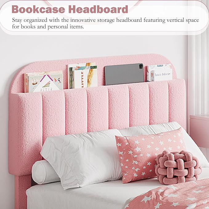 IDEALHOUSE Twin Bed Frame for Kids, Boucle Upholstered Platform Bed for Girls with 2 Flexible Drawers, Bookcase Headboard, Noise-Free, Easy Assembly, No Box Spring Needed, Pink