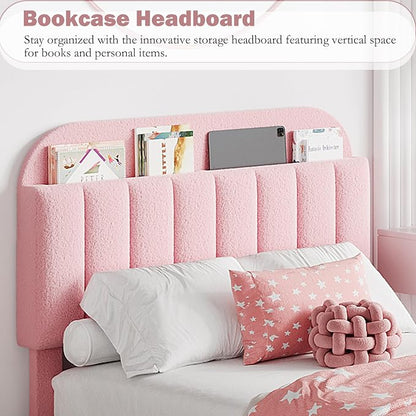 Garvee Twin Size Bed Frame with 2 Flexible Drawers, Boucle Upholstered Platform Bed Frame with Bookcase Headboard, Bedframe for Kids/Girls, Easy Assembly, No Box Spring Needed, Noise Free, Pink