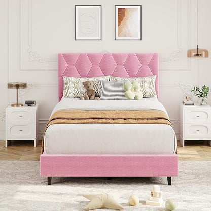 GAOMON Pink Twin XL Bed Frame with Upholstered Headboard, Heavy-Duty Platform Bed Frame with Strong Wood Slats, No Box Spring Needed/Noise Free/Easy Assembly