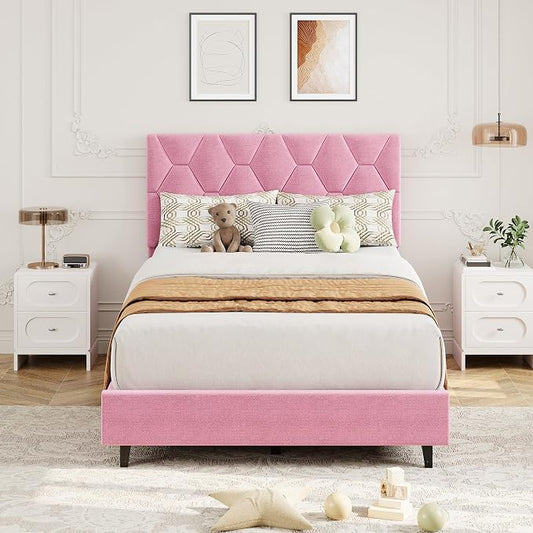 GarveeHome Pink Twin XL Bed Frame with Upholstered Headboard, Heavy-Duty Platform Bed Frame with Adjustable Headboard, Strong Wood Slat Support/No Box Spring Needed/Noise Free
