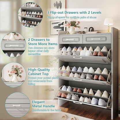 Shoe Cabinet with 3 Large Flip Drawers and 2 Storage Drawers, Narrow Shoe Organizer Cabinet Fits for Kinds of Shoes, Hidden Shoe Storage Cabinet for Entryway, Hallway, Light Grey