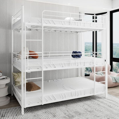 Triple Bunk Bed, Heavy Duty Twin Over Twin Over Twin Metal Bunkbeds with Guardrails, Ladder, 3 Bunk Beds, Bedroom, No Box Spring Needed, Easy Assembly,White
