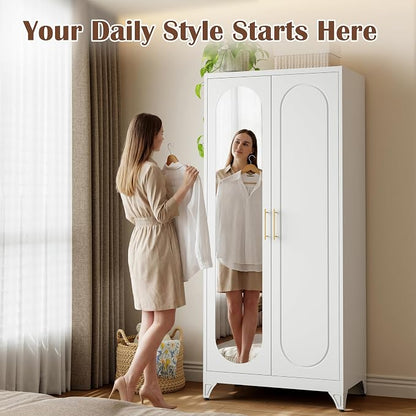 SteeLoong Metal Wardrobe Cabinet with Hanging Rod, 71" Tall Armoire Wardrobe Closet with Mirror Doors and Adjustable Shelves, White Clothing Storage Cabinets for Bedroom, Laundry Room,Office