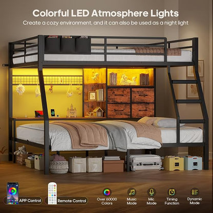 BTHFST Full Over Full Bunk Beds with 4 Storage Drawers & Shelves & Bedside Caddy, Bunk Bed with Charging Station & LED Lights, Full Size Bunk Bed with Safety Guardrail & Angled Ladder, Rustic Brown